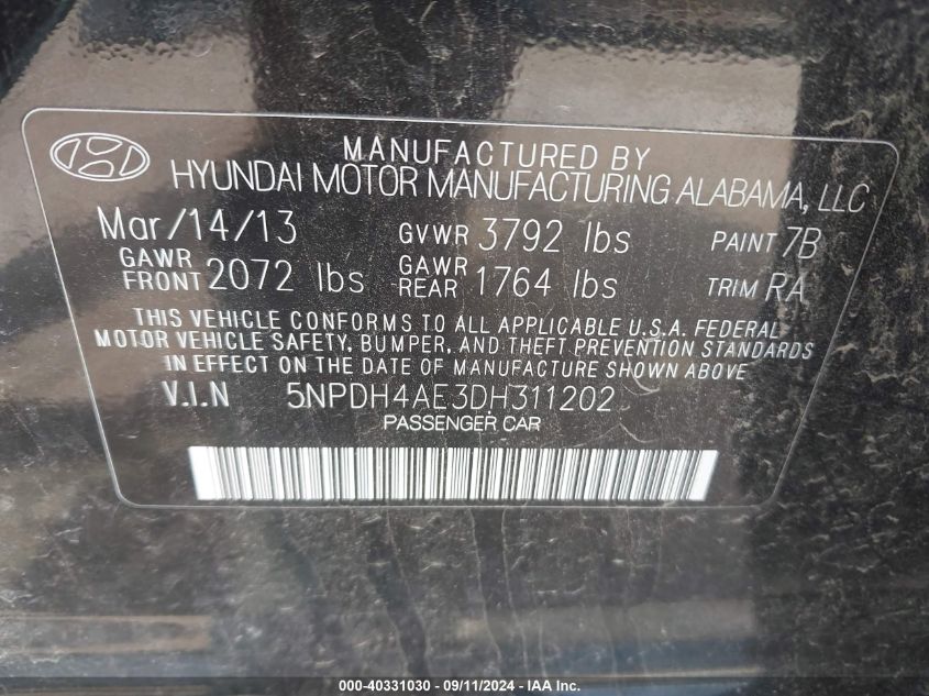 5NPDH4AE3DH311202 2013 Hyundai Elantra Gls