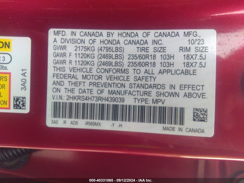 2024 Honda Cr-V Ex-L Awd VIN: 2HKRS4H73RH439039 Lot: 40331065