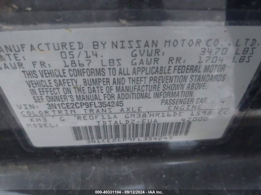 2015 Nissan Versa Note S/S Plus/Sv/Sl/Sr VIN: 3N1CE2CP9FL354245 Lot: 40331104