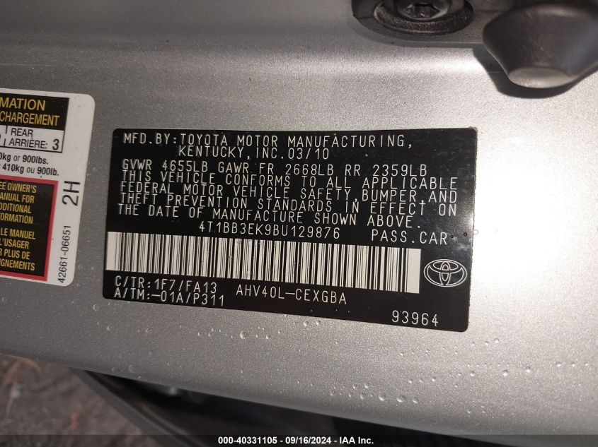 4T1BB3EK9BU129876 2011 Toyota Camry Hybrid