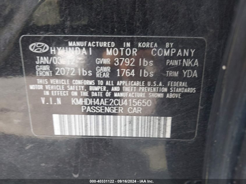 KMHDH4AE2CU415650 2012 Hyundai Elantra Gls (Ulsan Plant)