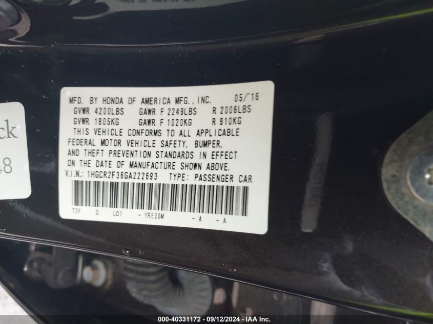 1HGCR2F36GA222693 2016 Honda Accord Lx