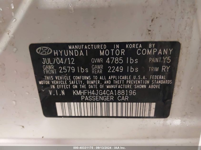 KMHFH4JG4CA188196 2012 Hyundai Azera Gls/Limited