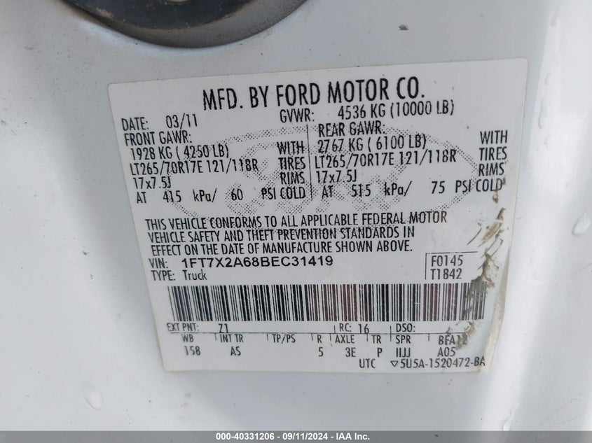 2011 Ford F-250 Xl VIN: 1FT7X2A68BEC31419 Lot: 40331206