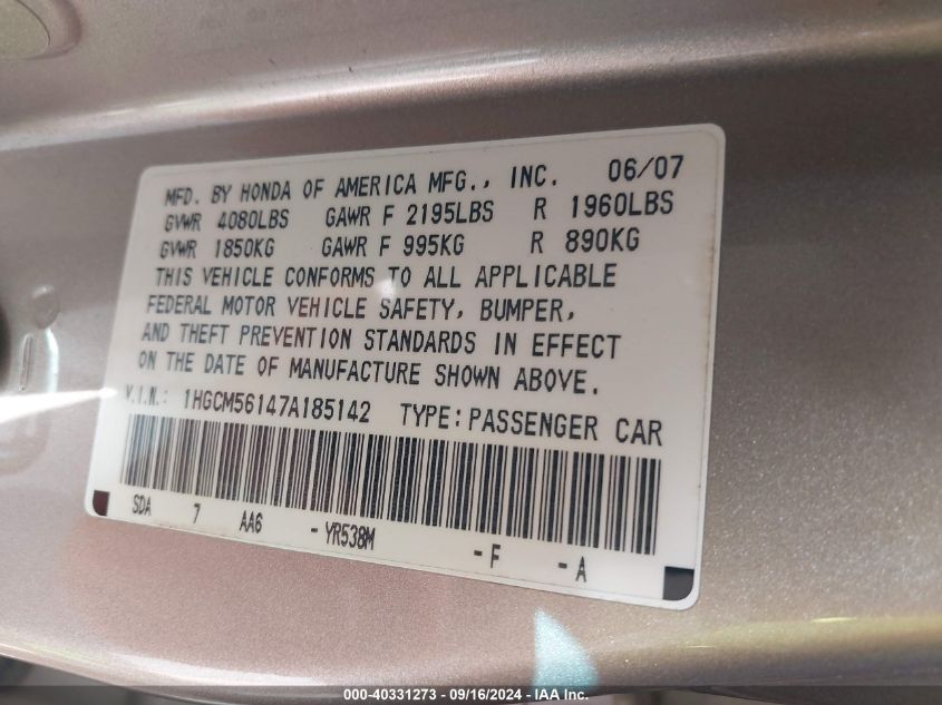 1HGCM56147A185142 2007 Honda Accord Value