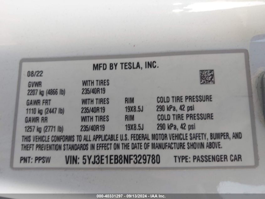 2022 Tesla Model 3 VIN: 5YJ3E1EB8NF329780 Lot: 40331297