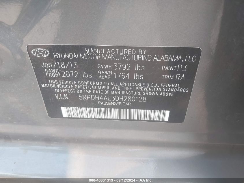 5NPDH4AE3DH280128 2013 Hyundai Elantra Gls/Limited