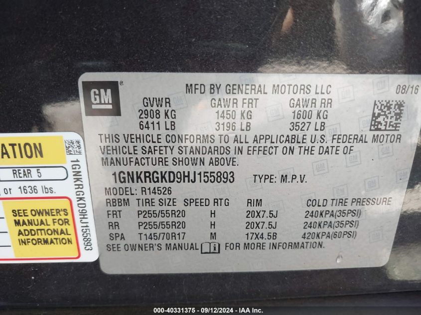 2017 CHEVROLET TRAVERSE 1LT - 1GNKRGKD9HJ155893