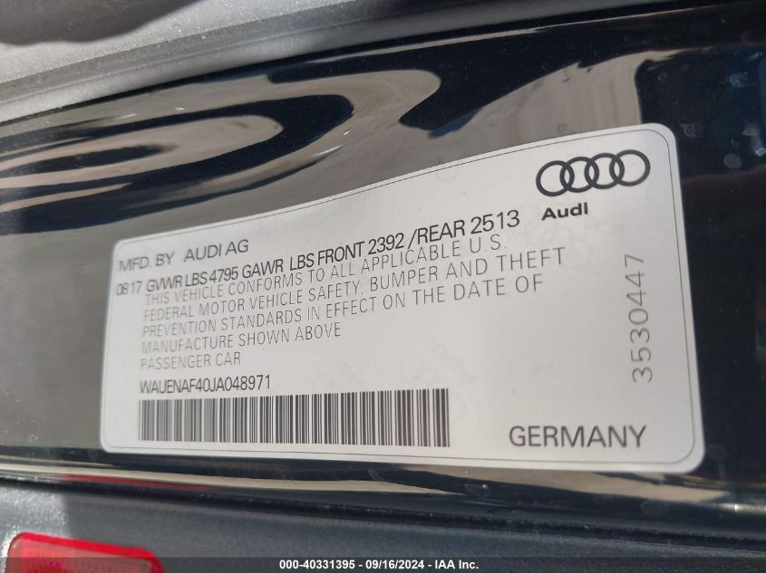 2018 Audi A4 2.0T Premium/2.0T Tech Premium VIN: WAUENAF40JA048971 Lot: 40331395