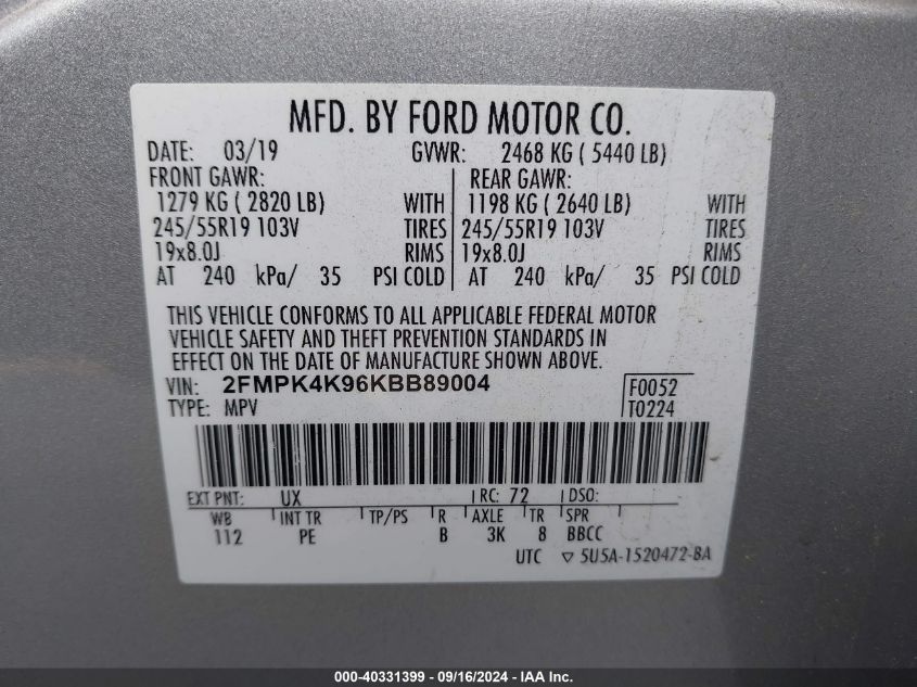 2FMPK4K96KBB89004 2019 Ford Edge Titanium