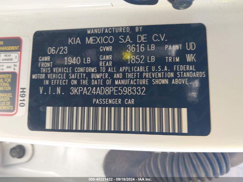 2023 Kia Rio S VIN: 3KPA24AD8PE598332 Lot: 40331422