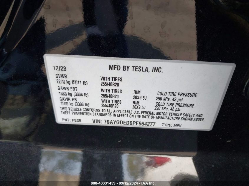 2023 Tesla Model Y VIN: 7SAYGDED6PF964277 Lot: 40331459