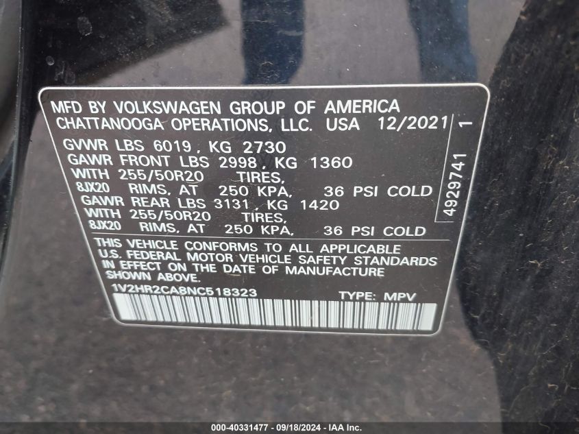 1V2HR2CA8NC518323 2022 Volkswagen Atlas 3.6L V6 Se W/Technology