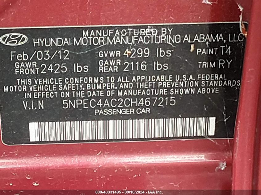 5NPEC4AC2CH467215 2012 Hyundai Sonata Se
