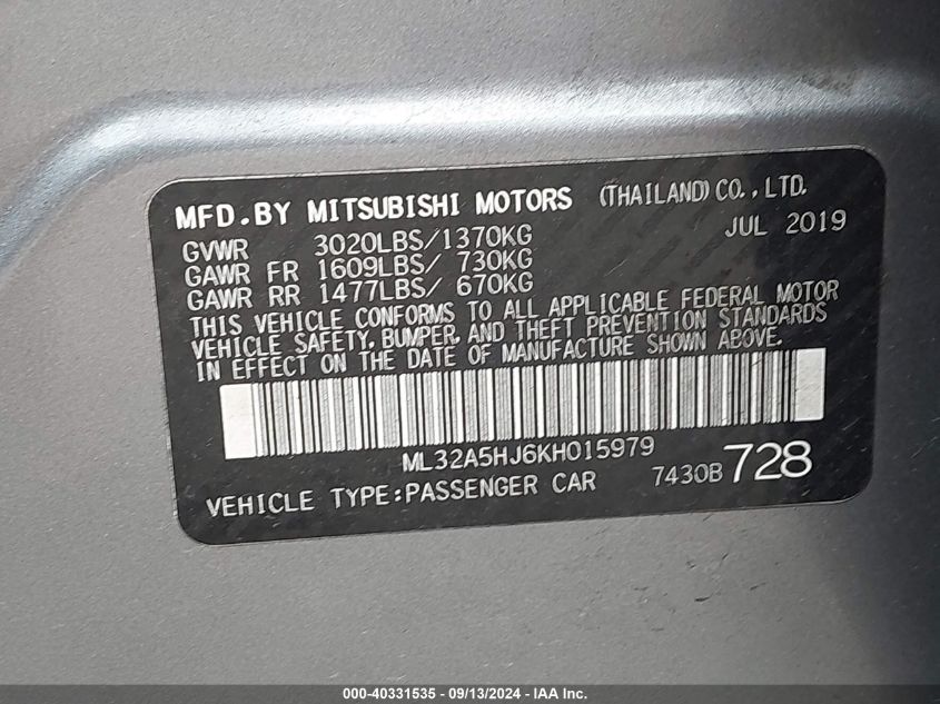 ML32A5HJ6KH015979 2019 Mitsubishi Mirage Le/Gt