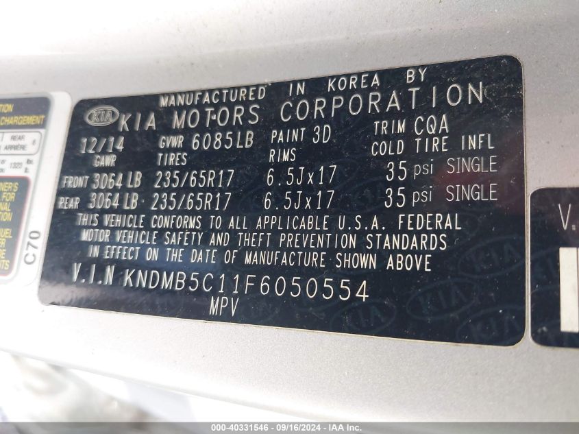 KNDMB5C11F6050554 2015 Kia Sedona Lx