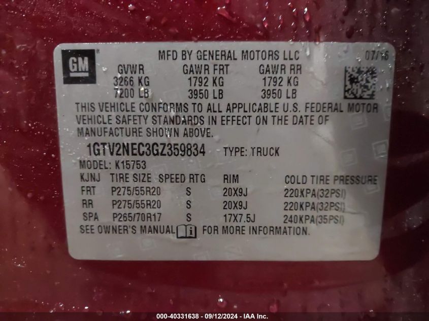 1GTV2NEC3GZ359834 2016 GMC Sierra 1500 Slt