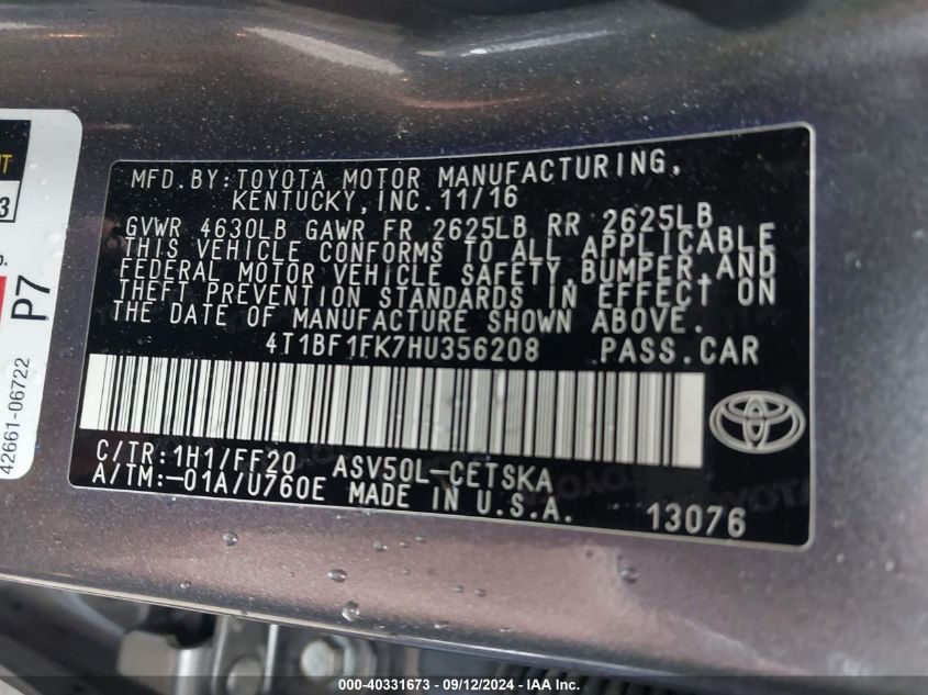 4T1BF1FK7HU356208 2017 Toyota Camry Se