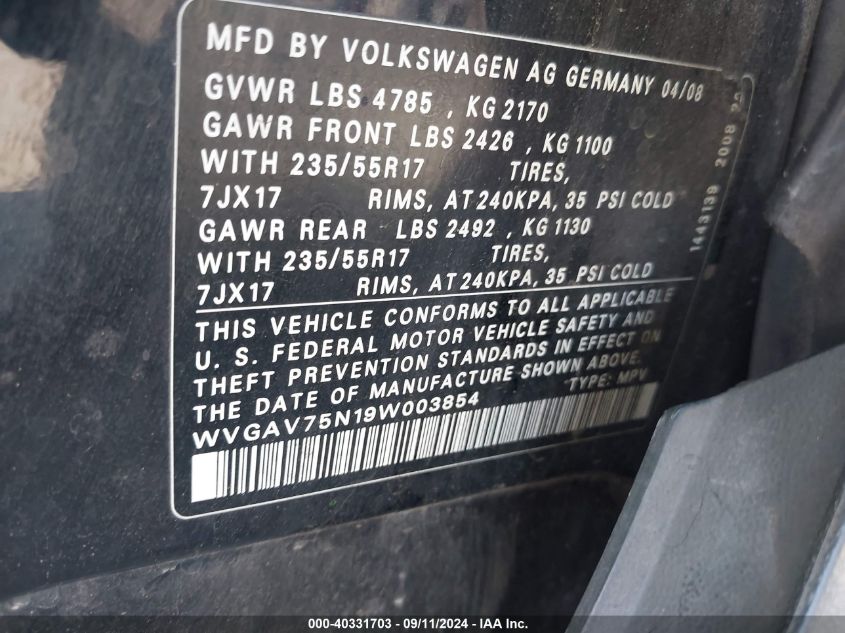 WVGAV75N19W003854 2009 Volkswagen Tiguan S/Se/Sel