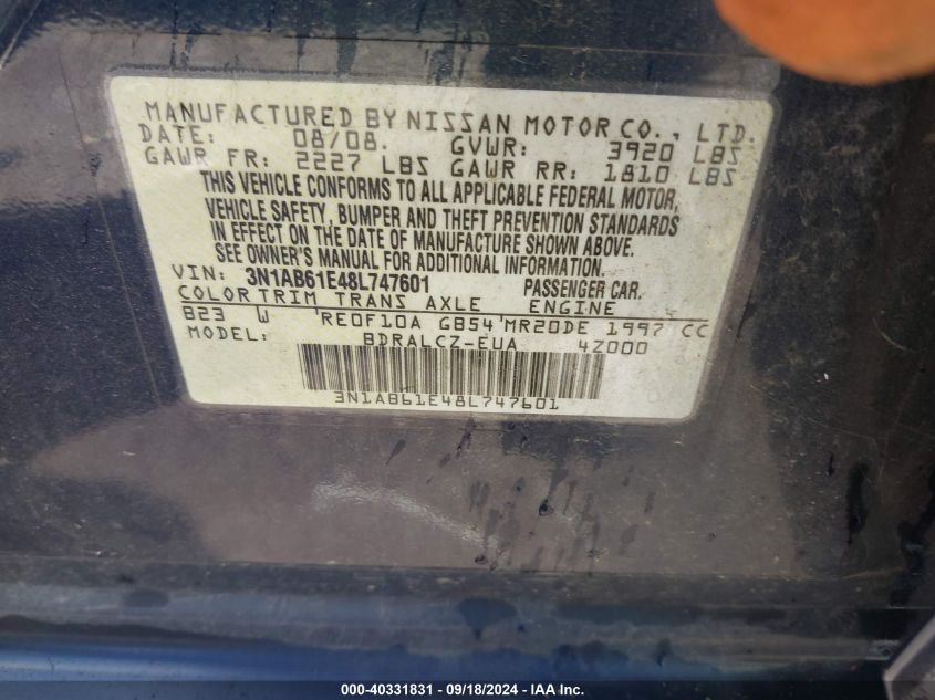 3N1AB61E48L747601 2008 Nissan Sentra 2.0