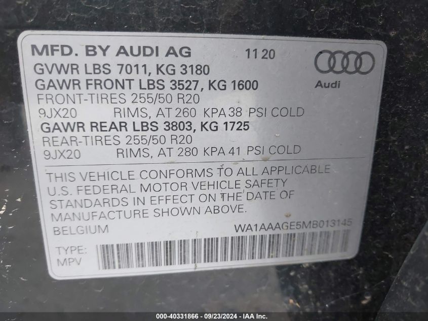 2021 Audi E-Tron Premium Quattro VIN: WA1AAAGE5MB013145 Lot: 40331866