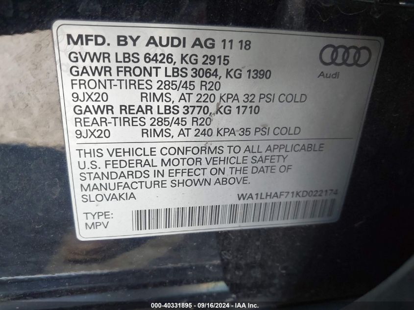 WA1LHAF71KD022174 2019 Audi Q7 45 Premium/45 Se Premium