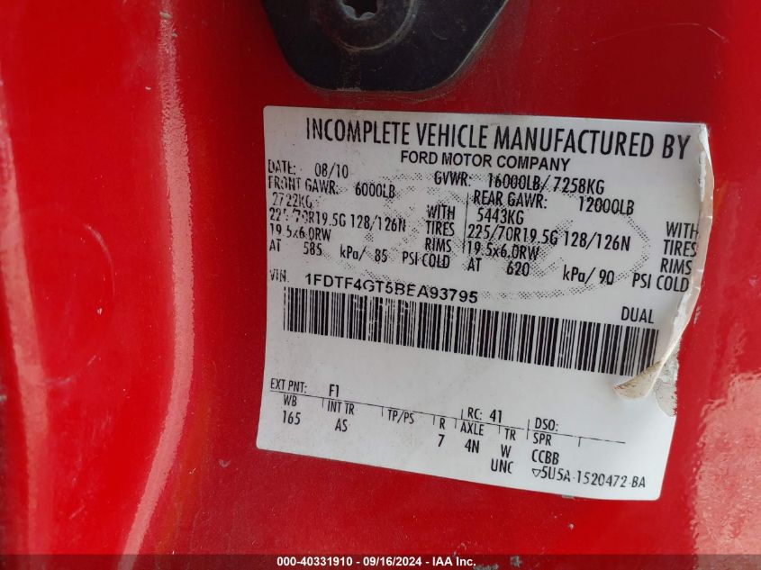 1FDTF4GT5BEA93795 2011 Ford F-450 Chassis Xl