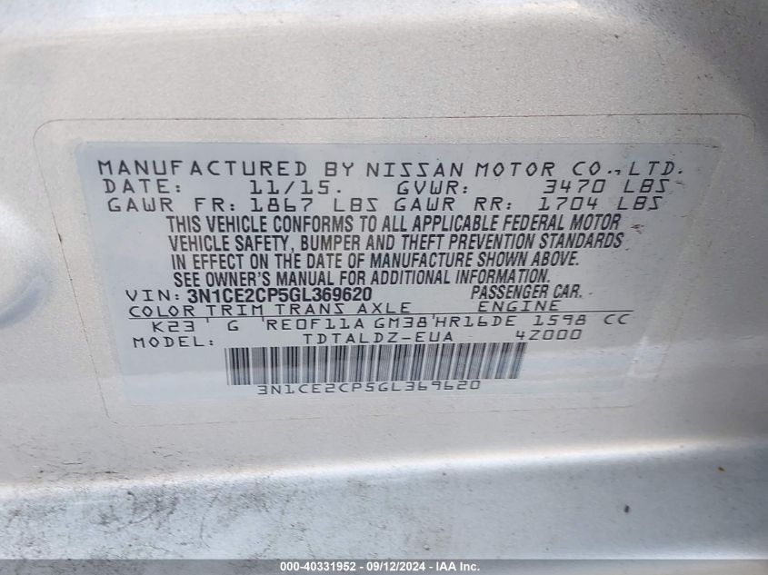 3N1CE2CP5GL369620 2016 Nissan Versa Note S (Sr)/S Plus/Sl/Sr/Sv