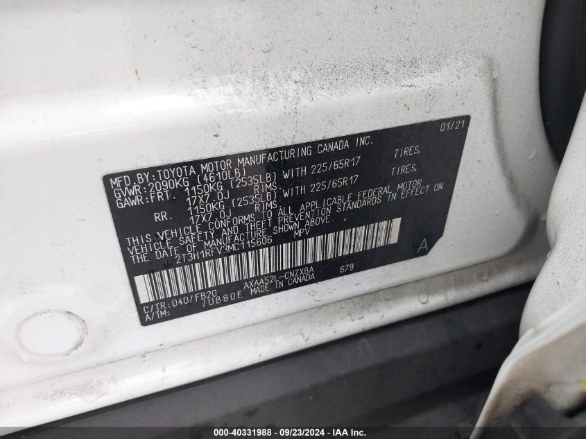 VIN 2T3H1RFV3MC115606 2021 TOYOTA RAV4 LE