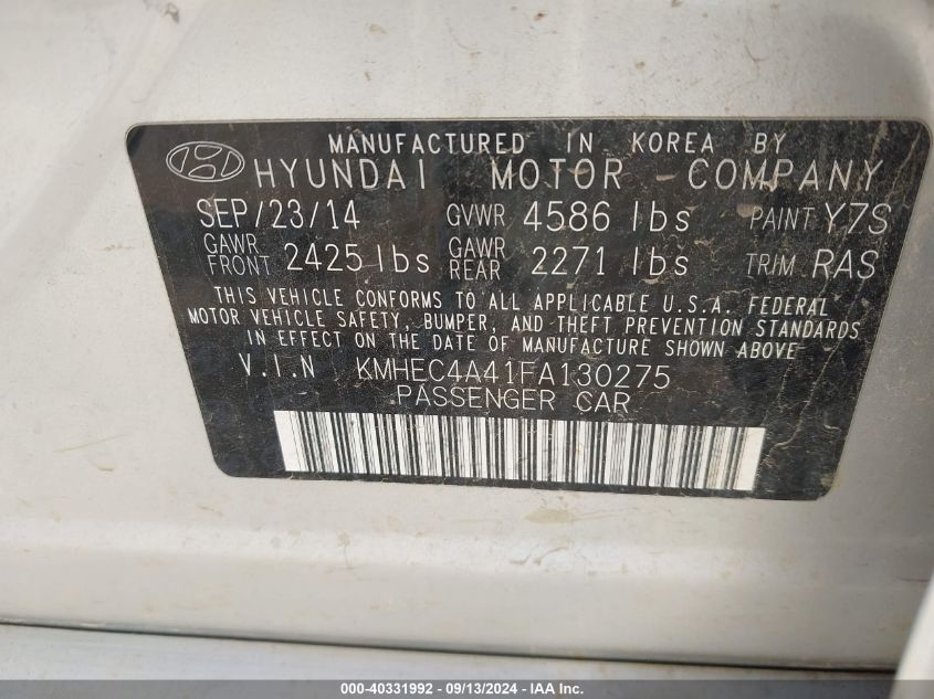 2015 Hyundai Sonata Hybrid Hybrid/Limited VIN: KMHEC4A41FA130275 Lot: 40331992