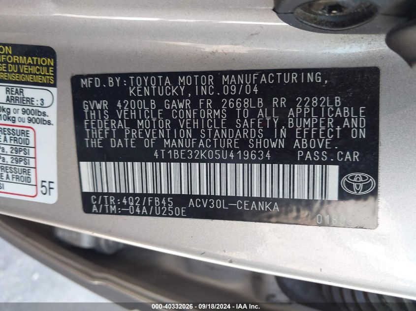 4T1BE32K05U419634 2005 Toyota Camry Le