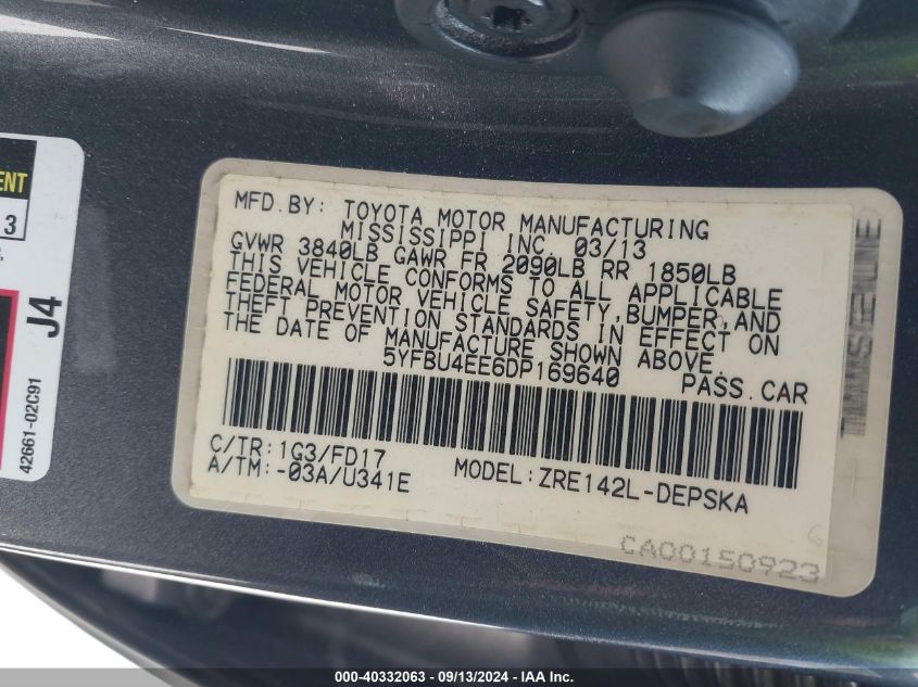 2013 TOYOTA COROLLA S - 5YFBU4EE6DP169640