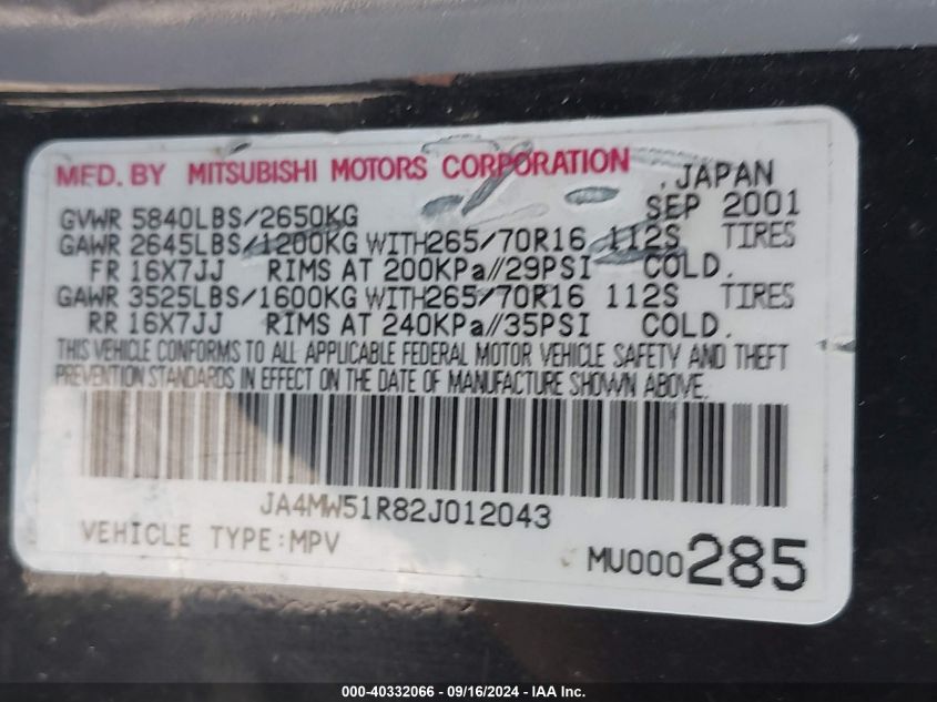 2002 Mitsubishi Montero Limited VIN: JA4MW51R82J012043 Lot: 40332066