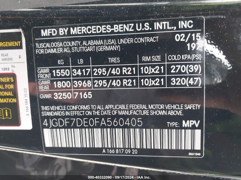 4JGDF7DE0FA560405 2015 Mercedes-Benz Gl 550 4Matic