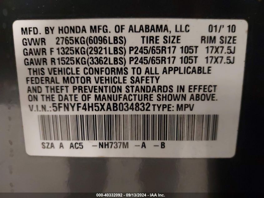 2010 Honda Pilot Ex-L VIN: 5FNYF4H5XAB034832 Lot: 40332092