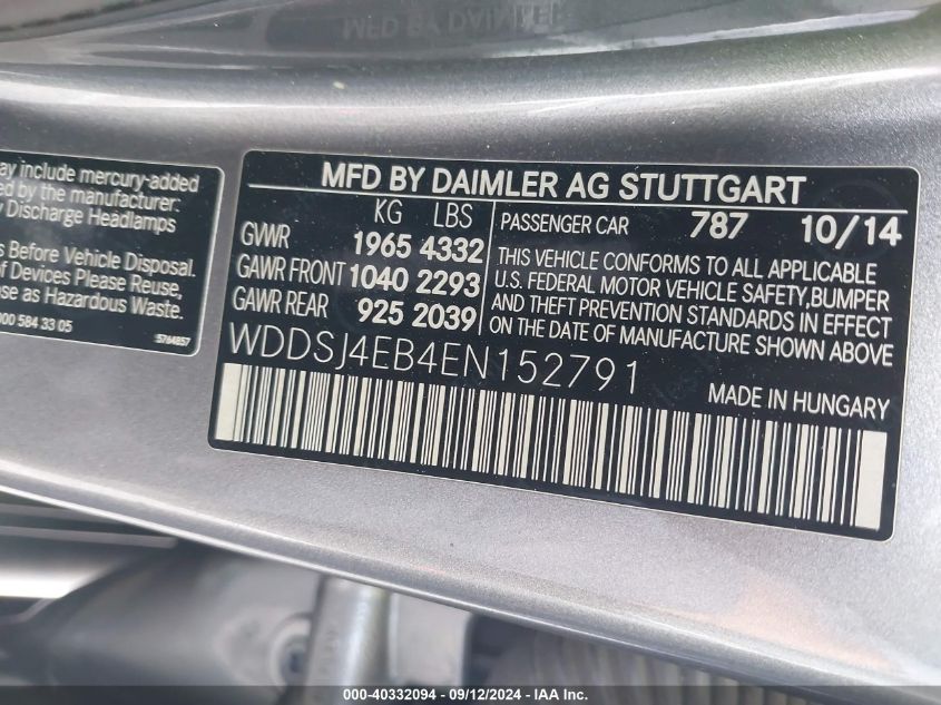 WDDSJ4EB4EN152791 2014 Mercedes-Benz Cla 250