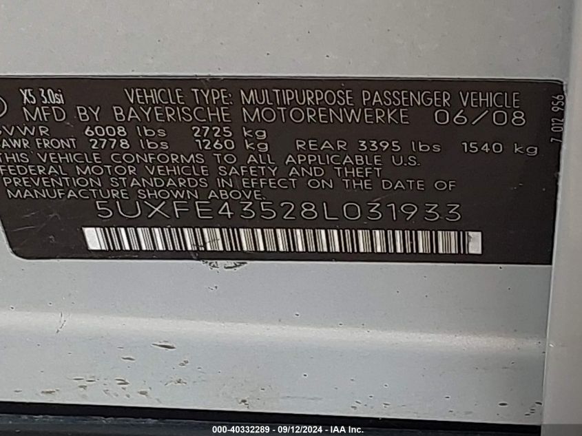 2008 BMW X5 3.0Si VIN: 5UXFE43528L031933 Lot: 40332289