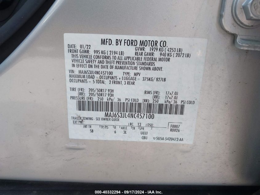 2022 Ford Ecosport Ses VIN: MAJ6S3JL4NC457100 Lot: 40332294