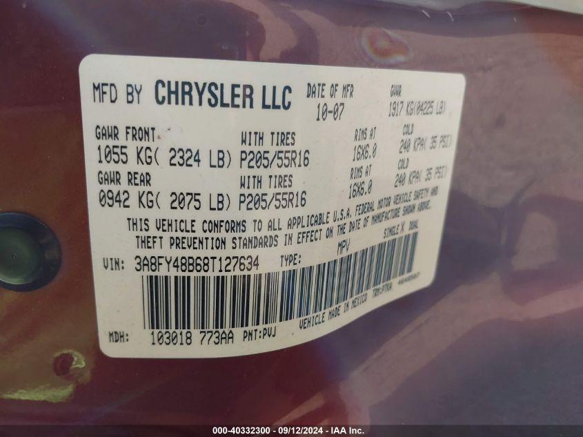 2008 Chrysler Pt Cruiser Lx VIN: 3A8FY48B68T127634 Lot: 40332300