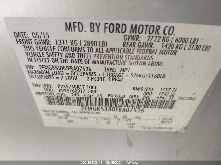 2015 Ford Flex Se VIN: 2FMGK5B80FBA07526 Lot: 40332418