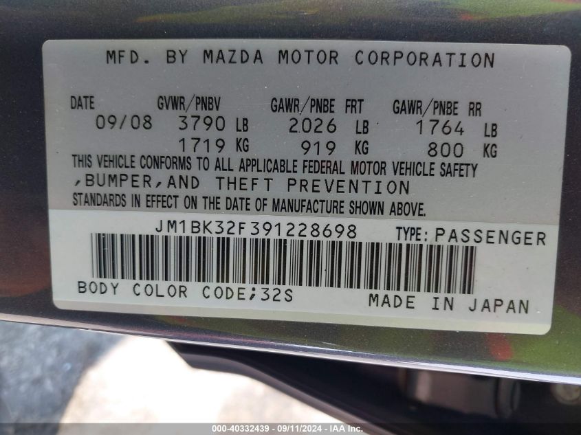 2009 Mazda Mazda3 I VIN: JM1BK32F391228698 Lot: 40332439