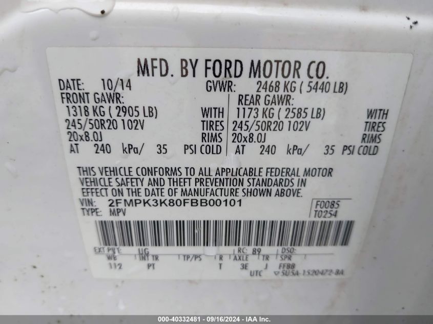 2015 Ford Edge Titanium VIN: 2FMPK3K80FBB00101 Lot: 40332481