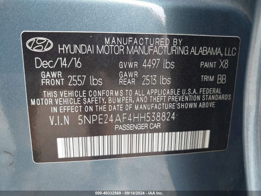 5NPE24AF4HH538824 2017 Hyundai Sonata Se