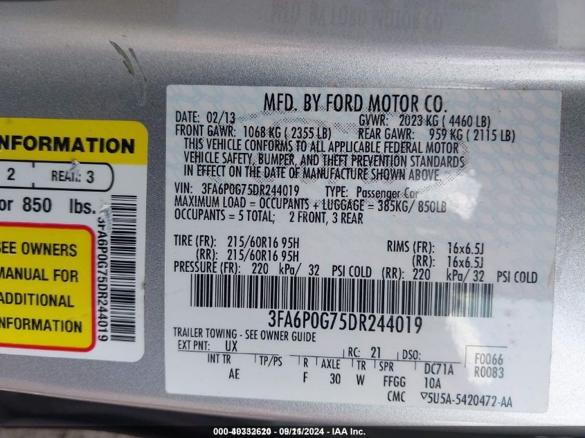 2013 FORD FUSION S - 3FA6P0G75DR244019