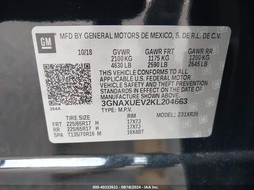 3GNAXUEV2KL204663 2019 Chevrolet Equinox Lt