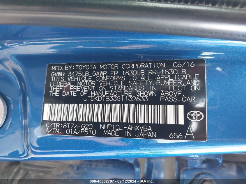 JTDKDTB33G1132633 2016 Toyota Prius C Two