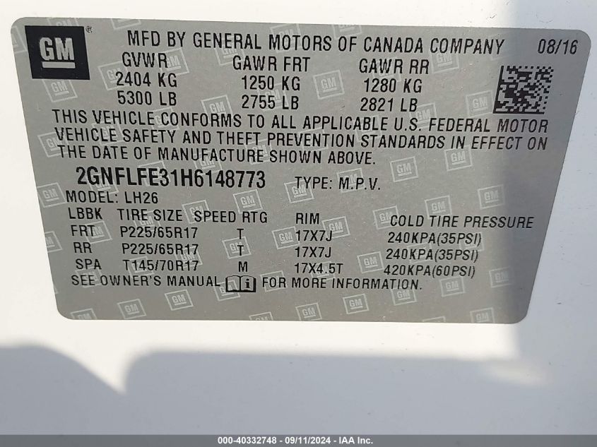 2GNFLFE31H6148773 2017 Chevrolet Equinox Lt