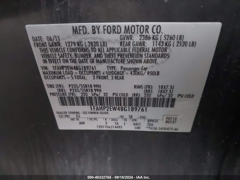 1FAHP2EW4BG189761 2011 Ford Taurus Sel