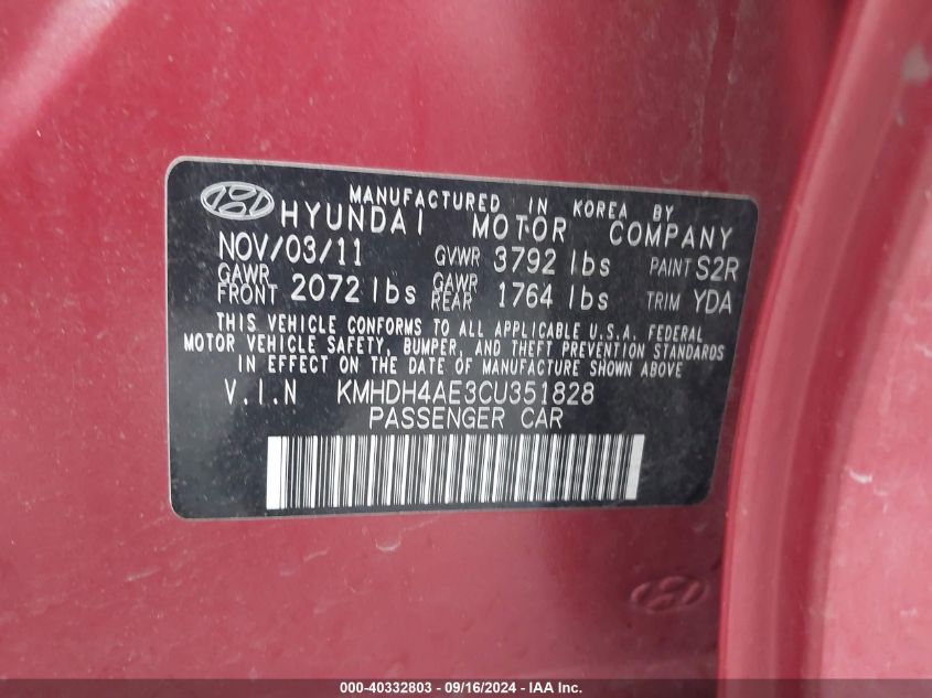 KMHDH4AE3CU351828 2012 Hyundai Elantra Gls (Ulsan Plant)