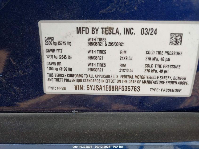 2024 Tesla Model S VIN: 5YJSA1E68RF535763 Lot: 40332806